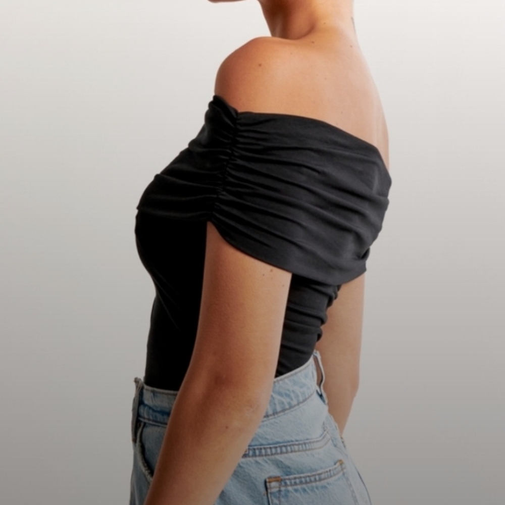 Abercrombie & Fitch Black Cotton Modal Ruched Top Foldover Off the Shoulder